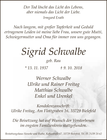 Traueranzeige von Sigrid Schwalbe von Neue Westfälische