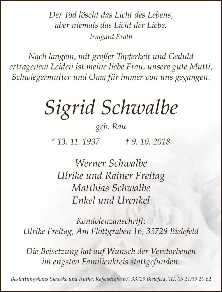  Traueranzeige für Sigrid Schwalbe vom 20.10.2018 aus Neue Westfälische