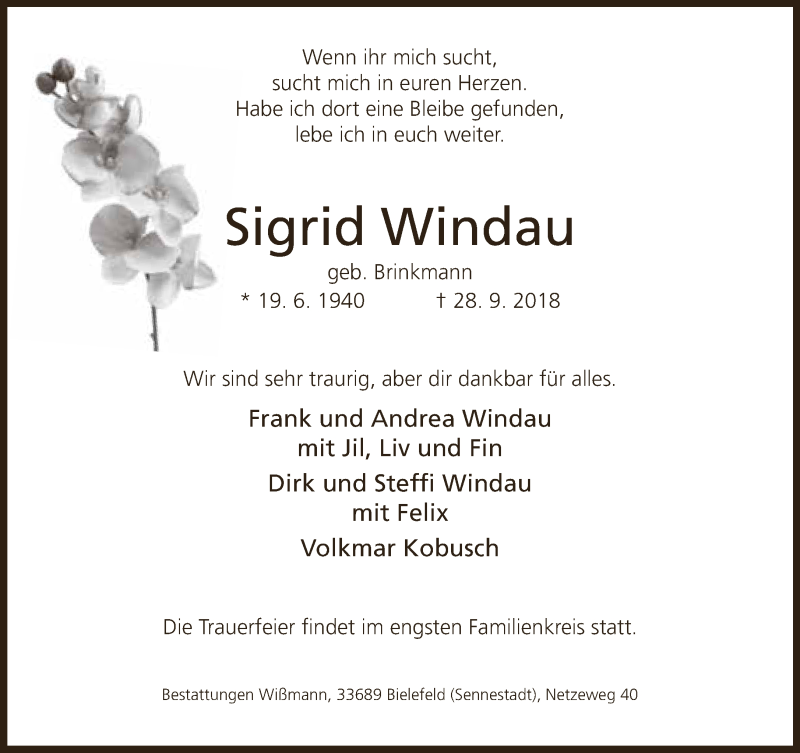  Traueranzeige für Sigrid Windau vom 01.10.2018 aus Neue Westfälische