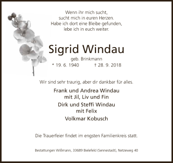 Traueranzeige von Sigrid Windau von Neue Westfälische