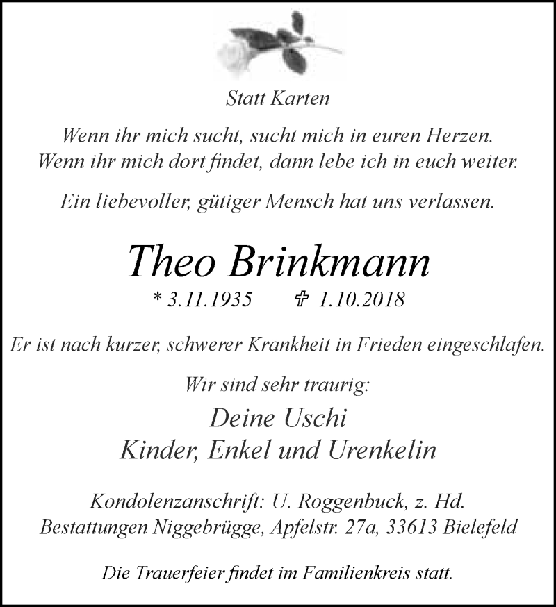  Traueranzeige für Theo Brinkmann vom 13.10.2018 aus Neue Westfälische