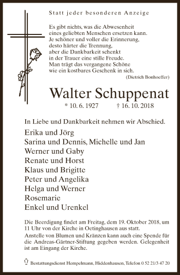 Traueranzeige von Walter Schuppenat von Neue Westfälische