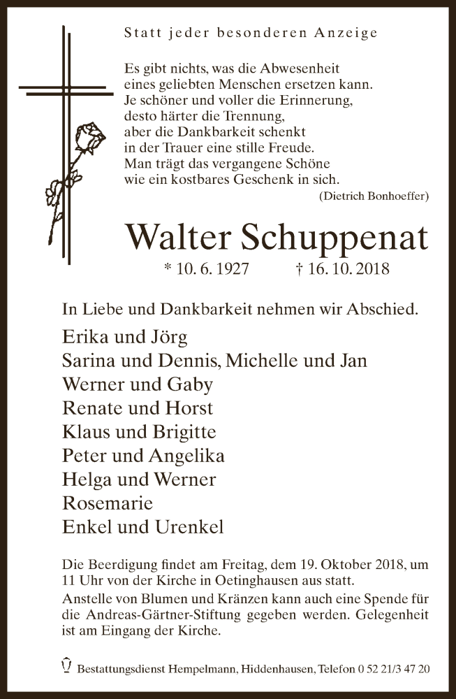 Traueranzeige für Walter Schuppenat vom 17.10.2018 aus Neue Westfälische