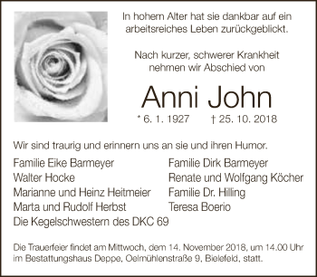 Traueranzeige von Anni John von Neue Westfälische