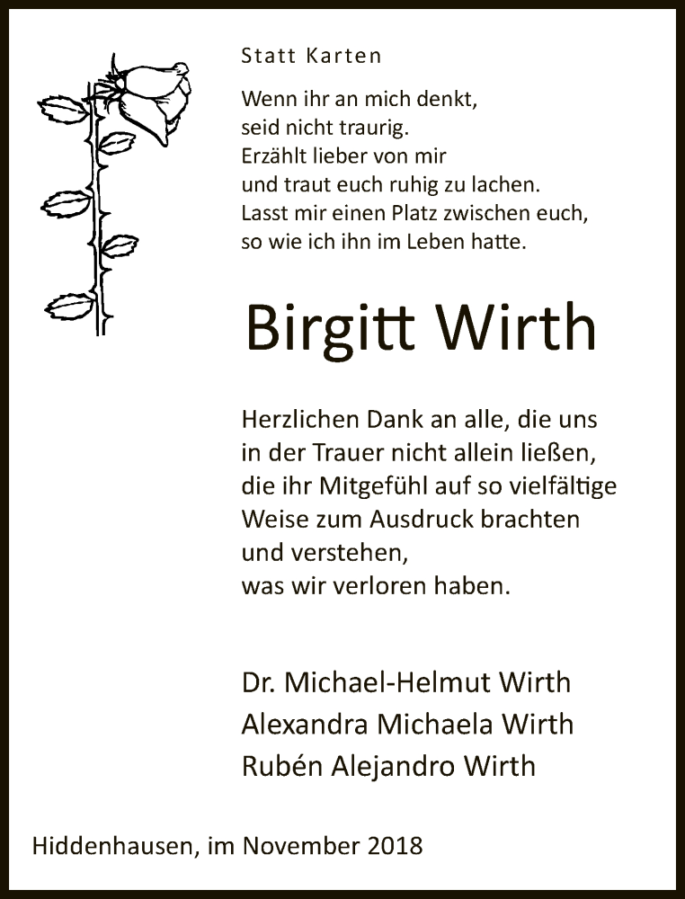  Traueranzeige für Birgitt Wirth vom 17.11.2018 aus Neue Westfälische