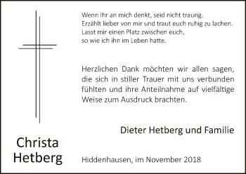 Traueranzeige von Christa Hetberg von Neue Westfälische
