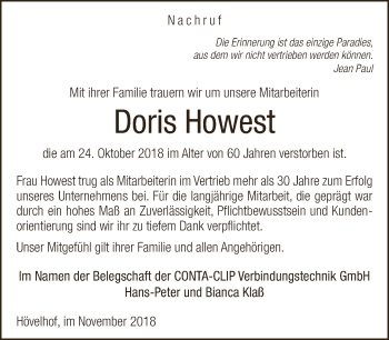 Traueranzeige von Doris Howest von Neue Westfälische