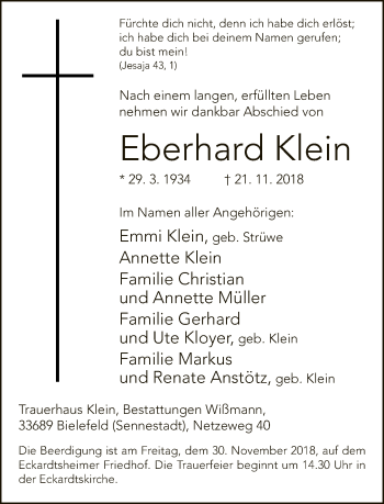 Traueranzeige von Eberhard Klein von Neue Westfälische