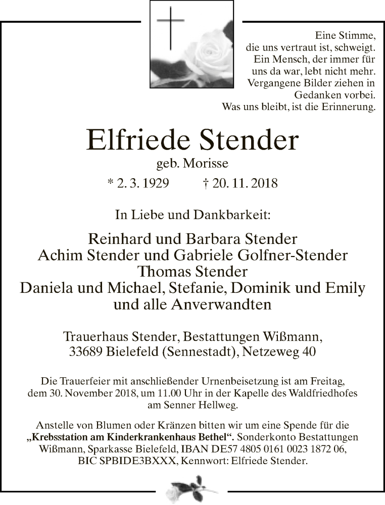  Traueranzeige für Elfriede Stender vom 24.11.2018 aus Neue Westfälische