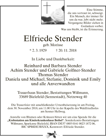 Traueranzeige von Elfriede Stender von Neue Westfälische