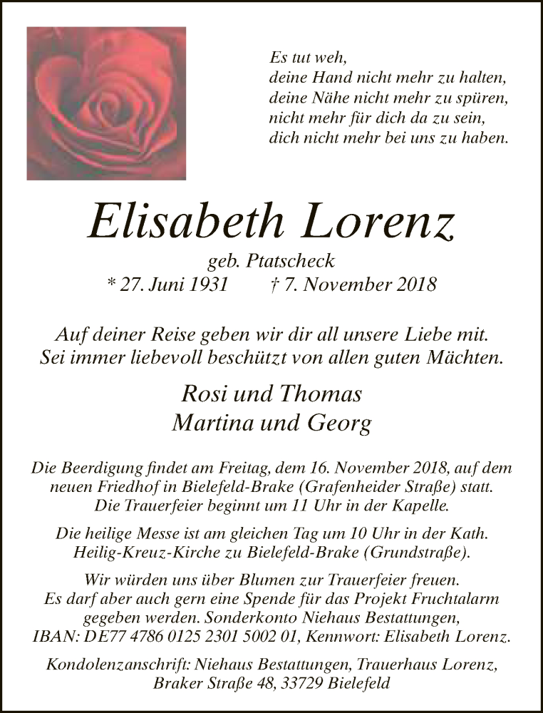 Traueranzeige für Elisabeth Lorenz vom 10.11.2018 aus Neue Westfälische