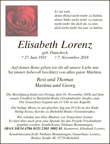 Traueranzeige von Elisabeth Lorenz von Neue Westfälische