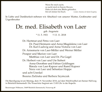 Traueranzeige von Elisabeth von Laer von Neue Westfälische