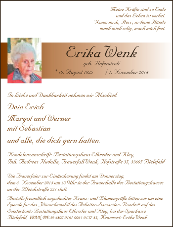 Traueranzeige von Erika Wenk von Neue Westfälische