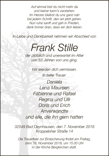 Traueranzeige von Frank Stille von Neue Westfälische