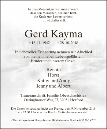 Traueranzeige von Gerd Kayma von Neue Westfälische