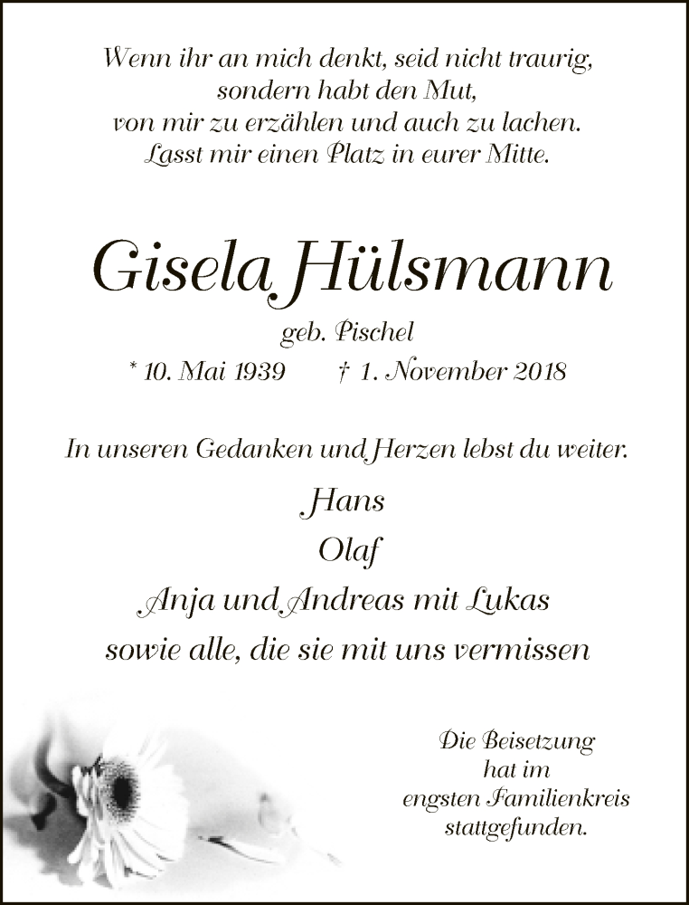  Traueranzeige für Gisela Hülsmann vom 10.11.2018 aus Neue Westfälische