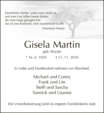 Traueranzeige von Gisela Martin von Neue Westfälische
