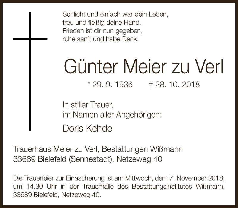  Traueranzeige für Günter  Meier zu Verl vom 03.11.2018 aus Neue Westfälische