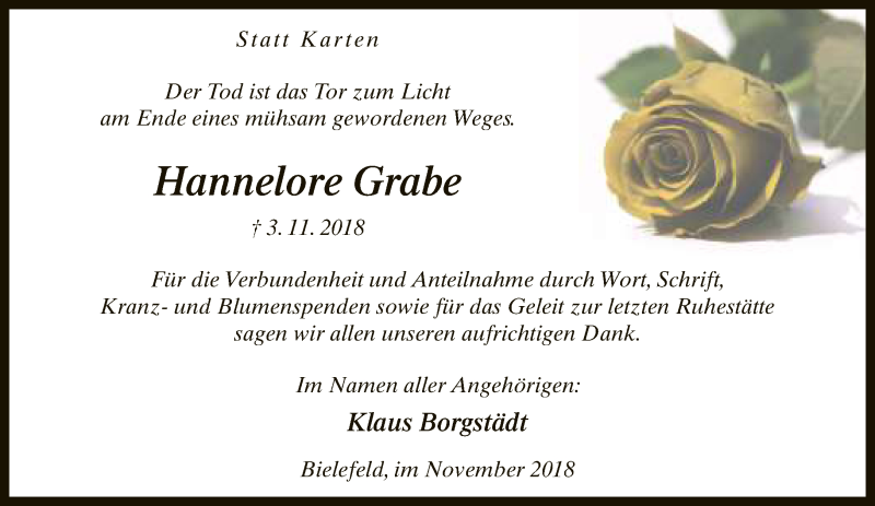  Traueranzeige für Hannelore Grabe vom 24.11.2018 aus Neue Westfälische