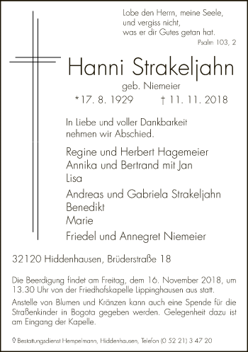 Traueranzeige von Hanni Strakeljahn von Neue Westfälische