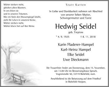 Traueranzeige von Hedwig Seidel von Neue Westfälische