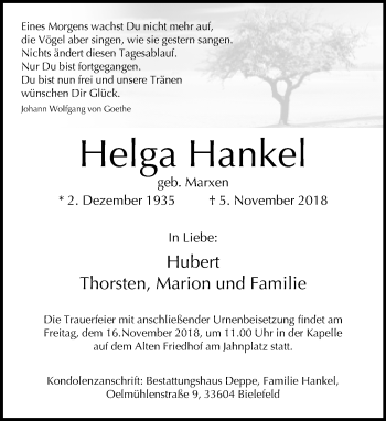 Traueranzeige von Helga Hankel von Neue Westfälische