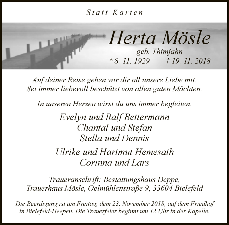  Traueranzeige für Herta Mösle vom 21.11.2018 aus Neue Westfälische