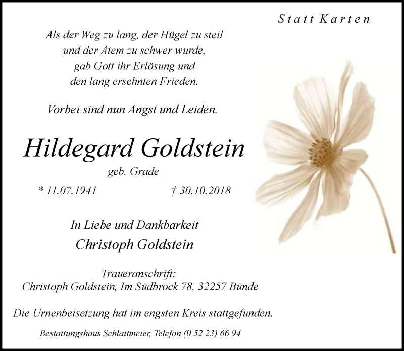  Traueranzeige für Hildegard Goldstein vom 10.11.2018 aus Neue Westfälische
