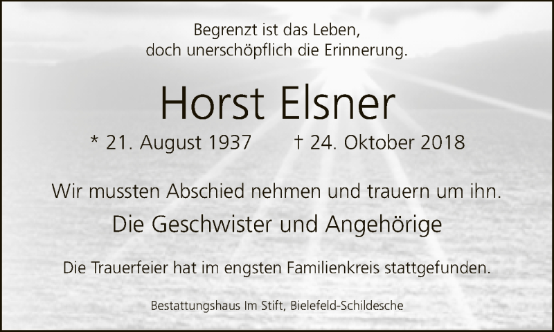  Traueranzeige für Horst Elsner vom 10.11.2018 aus Neue Westfälische