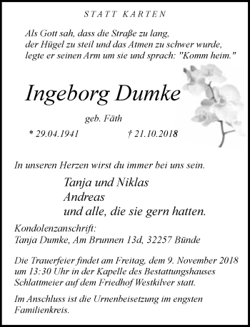 Traueranzeige von Ingeborg Dumke von Neue Westfälische