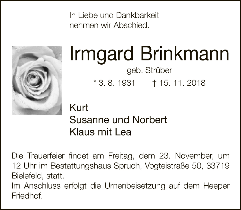  Traueranzeige für Irmgard Brinkmann vom 17.11.2018 aus Neue Westfälische