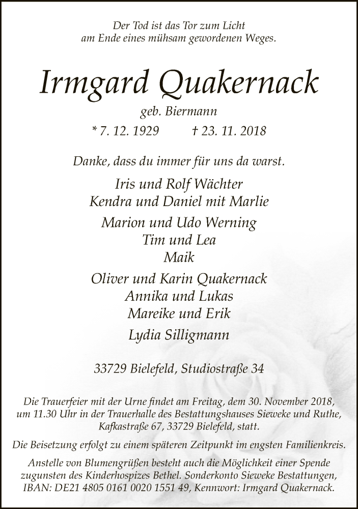  Traueranzeige für Irmgard Quakernack vom 27.11.2018 aus Neue Westfälische