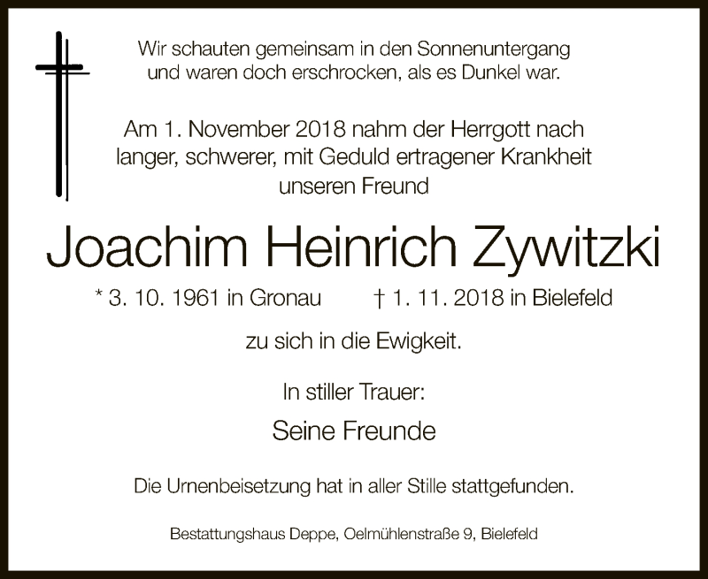  Traueranzeige für Joachim Heinrich Zywitzki vom 17.11.2018 aus Neue Westfälische