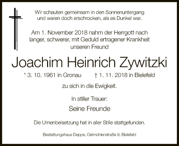 Traueranzeige von Joachim Heinrich Zywitzki von Neue Westfälische