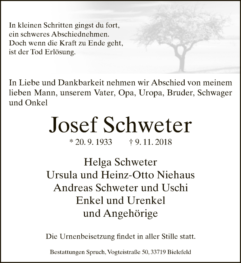  Traueranzeige für Josef Schweter vom 14.11.2018 aus Neue Westfälische