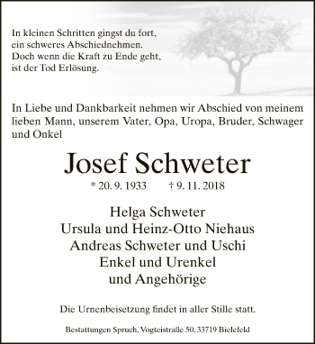 Traueranzeige von Josef Schweter von Neue Westfälische