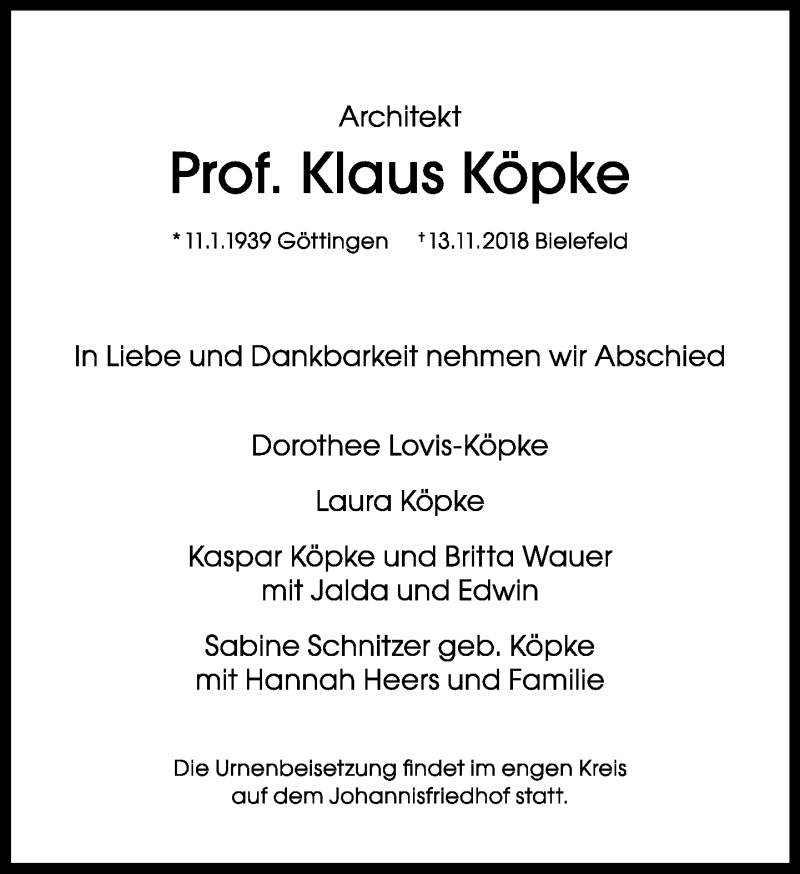  Traueranzeige für Klaus Köpke vom 17.11.2018 aus Neue Westfälische