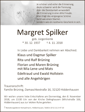Traueranzeige von Margret Spilker von Neue Westfälische