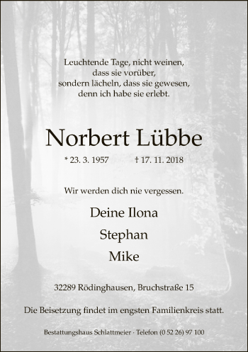 Traueranzeige von Norbert Lübbe von Neue Westfälische