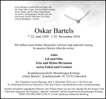Traueranzeige von Oskar Bartels von Neue Westfälische