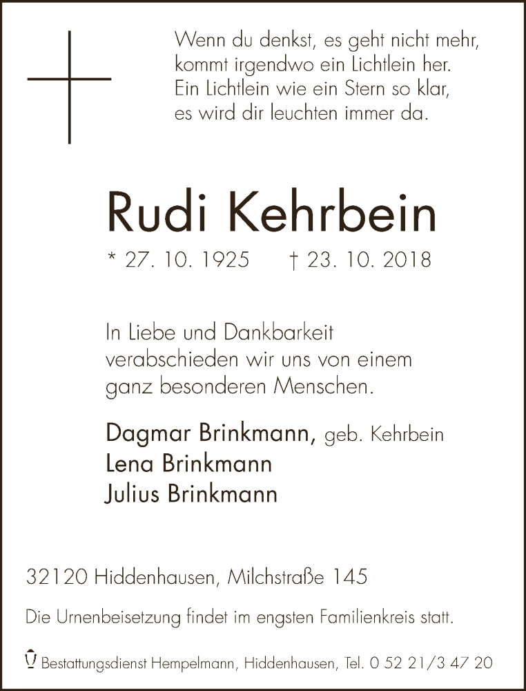  Traueranzeige für Rudi Kehrbein vom 03.11.2018 aus Neue Westfälische