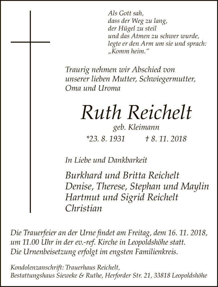  Traueranzeige für Ruth Reichelt vom 10.11.2018 aus Neue Westfälische