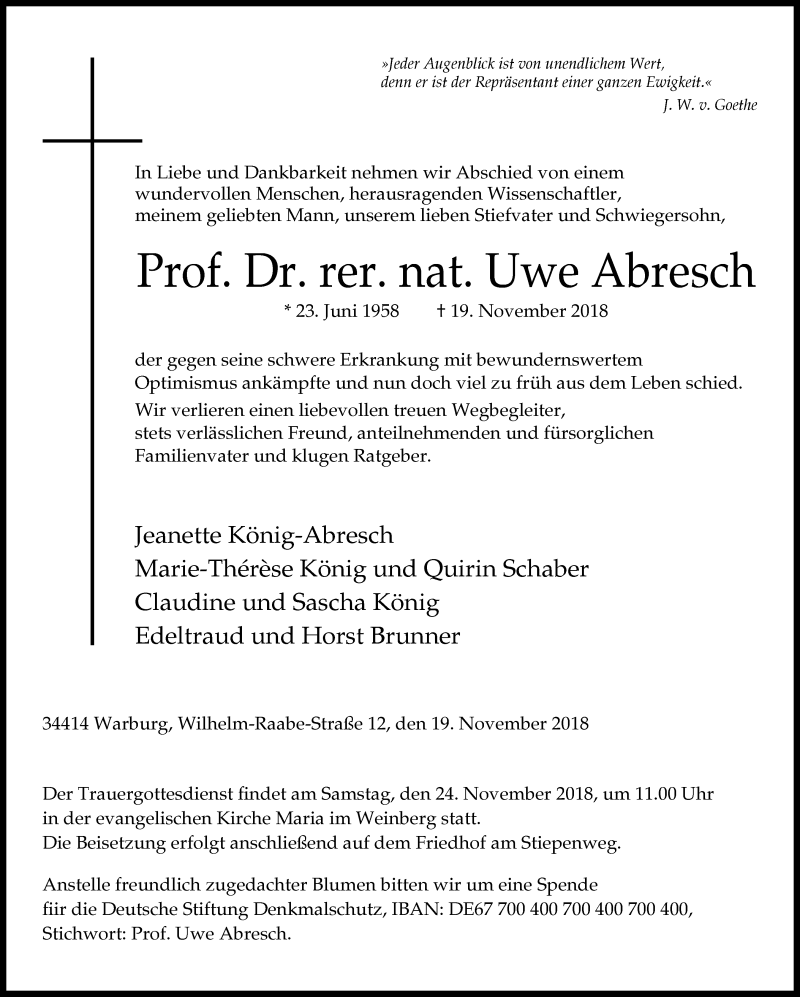  Traueranzeige für Uwe Abresch vom 21.11.2018 aus Neue Westfälische
