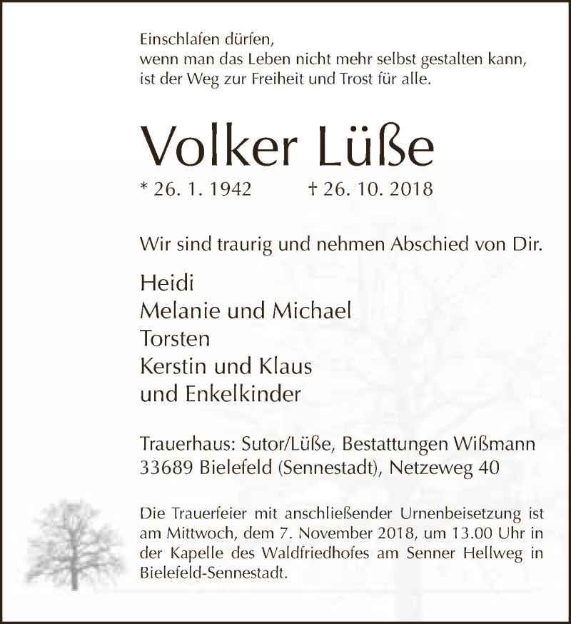  Traueranzeige für Volker Lüße vom 03.11.2018 aus Neue Westfälische