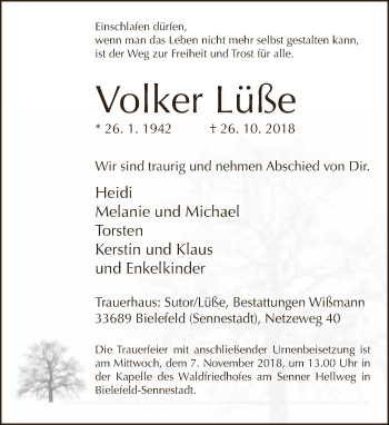 Traueranzeige von Volker Lüße von Neue Westfälische