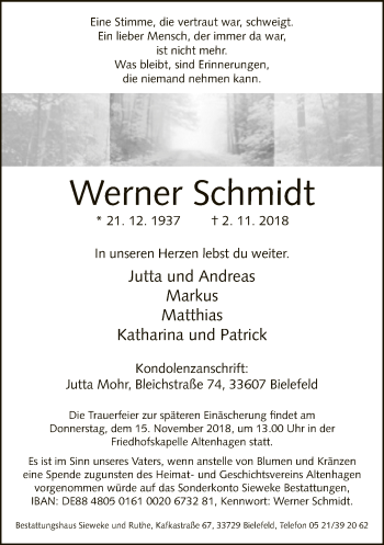 Traueranzeige von Werner Schmidt von Neue Westfälische