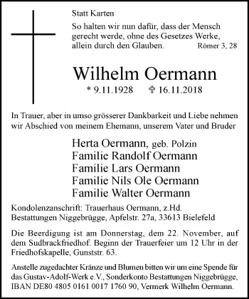 Traueranzeige von Wilhelm Oermann von Neue Westfälische