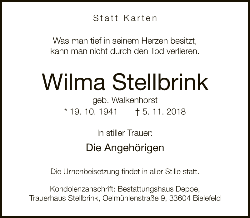  Traueranzeige für Wilma Stellbrink vom 10.11.2018 aus Neue Westfälische