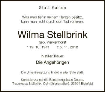 Traueranzeige von Wilma Stellbrink von Neue Westfälische